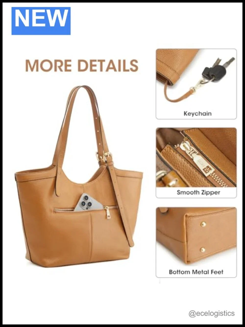 Genuine Leather Hobo Tote Handbag with Adjustable Strap, 5 Pockets, Zipper